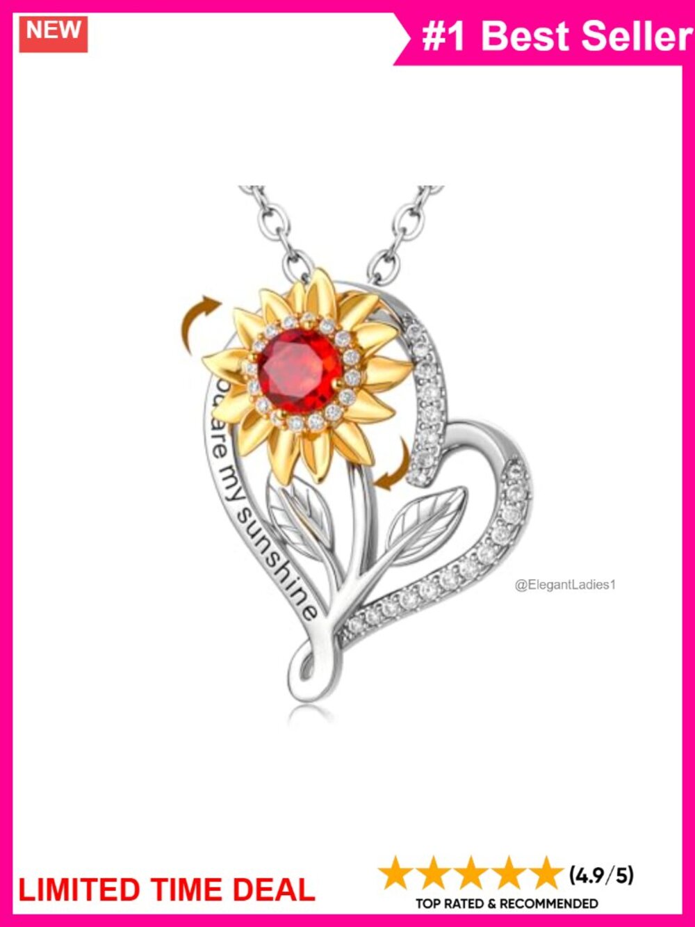 Spinning Sunflower Heart Pendant Necklace S925 Silver Plated 14K Gold Boho